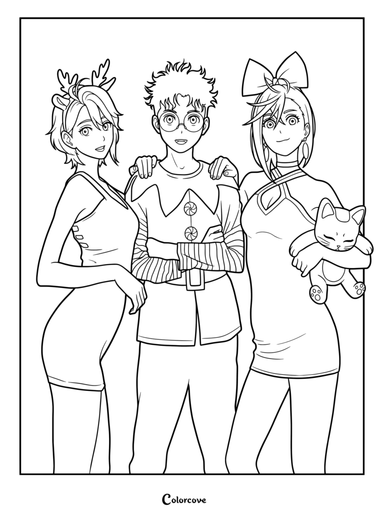 Coloriage Dandadan gratuit à imprimer montrant plusieurs personnages debout ensemble dans une illustration aux contours nets