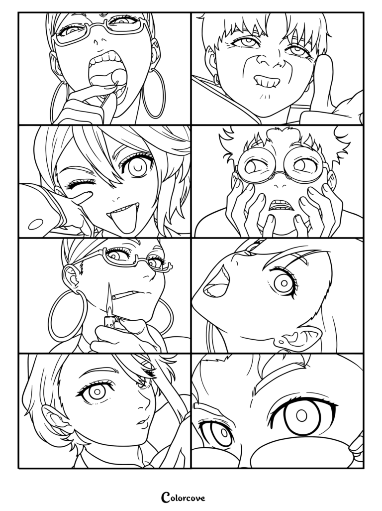 Coloriage Dandadan sous forme de collage de personnages de manga prenant diverses poses expressives et des gros plans