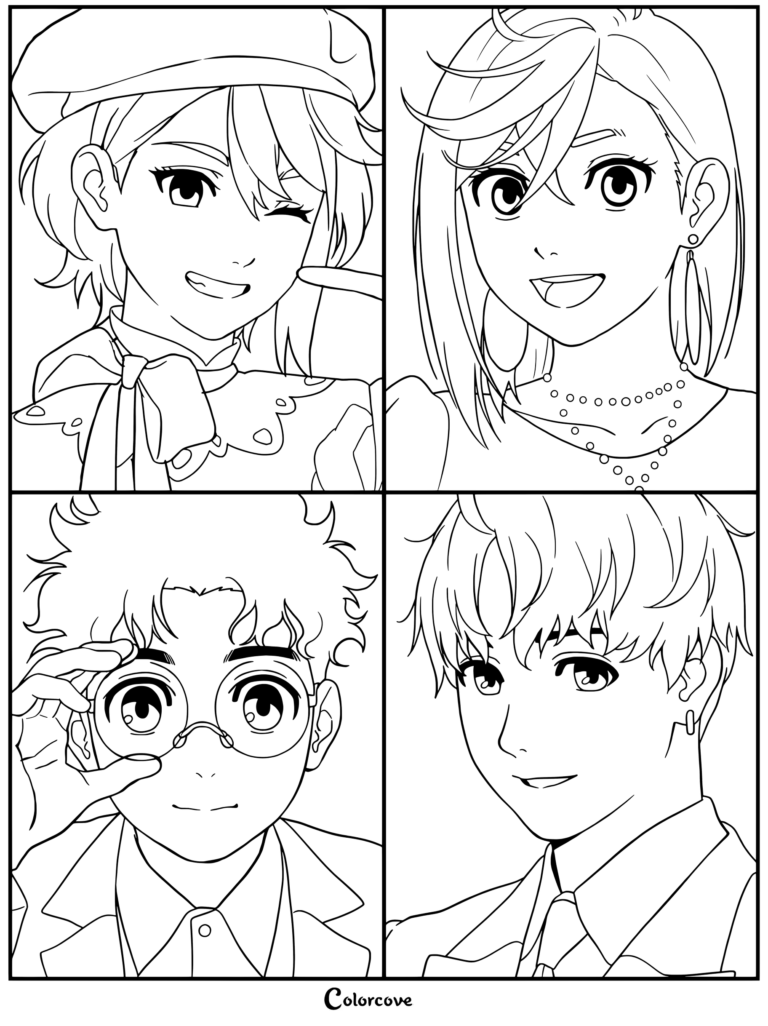 Coloriage des personnages de Dandadan présentant un portrait en quatre cases de Momo, Okarun et leurs amis