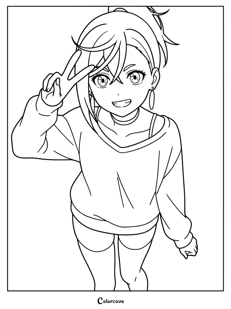 Coloriage Dandadan gratuit à imprimer 8 avec Momo Ayase faisant un signe de la paix