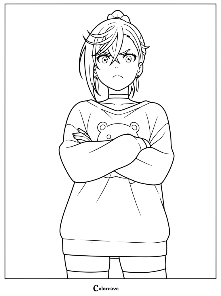 Coloriage Dandadan gratuit à imprimer 9 avec Momo Ayase les bras croisés dans un pull oversized
