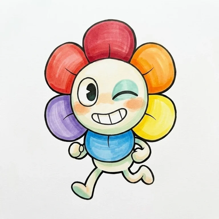 A colorful Dandy’s World character Dandy shown as a coloring page style drawing.
