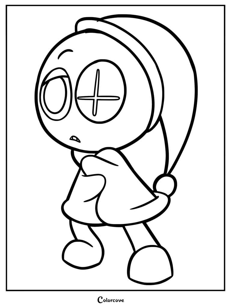 A printable coloring page featuring Astro, the space-themed Toon with a crescent moon face, wearing a sleepy nightcap and holding his arms close.