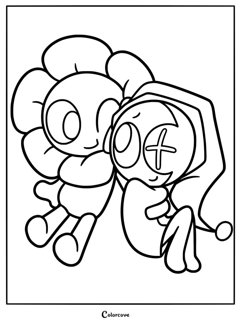 A printable coloring page featuring Dandy, the flower-headed mascot, leaning affectionately against his space-themed friend Astro, who wears a crescent moon cap.