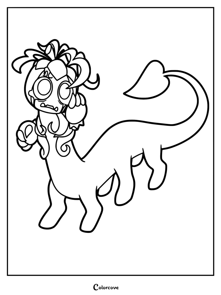 A detailed coloring page featuring the Twisted form of Gourdy from Dandy’s World, showcasing its long, serpentine body, glowing hollow eyes, and leaf-like head foliage in bold black and white lines.