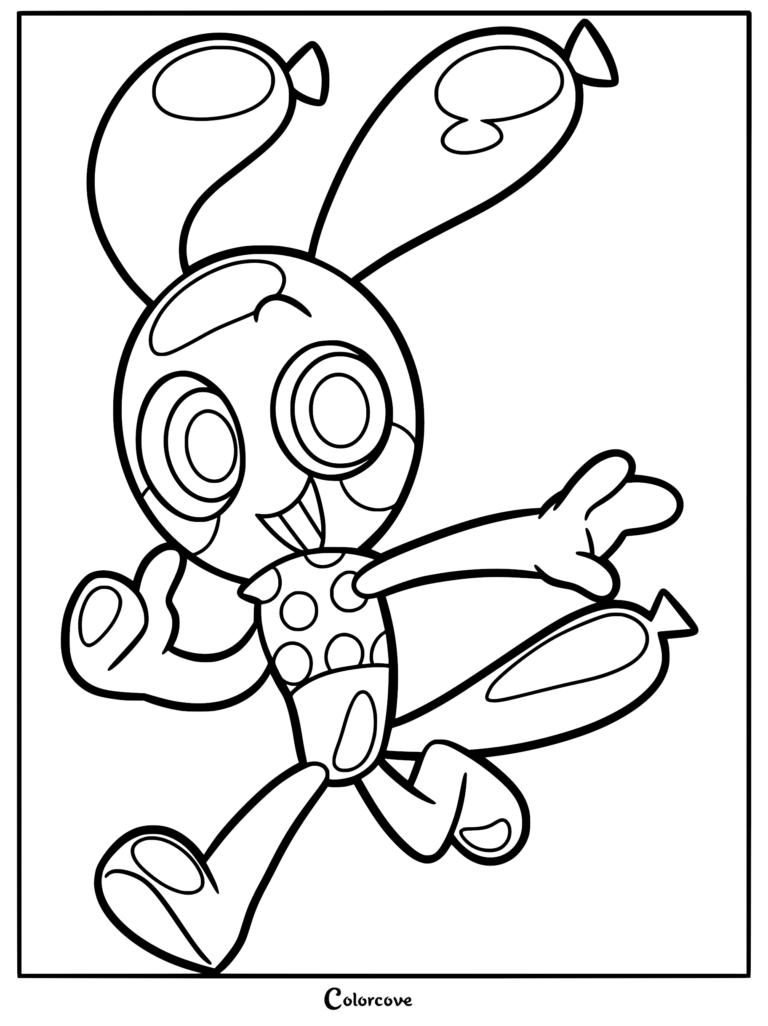 A printable coloring page of Looey from Dandy’s World, featuring the balloon-themed rabbit Toon with long ears, a polka-dot torso, and a playful jumping pose.