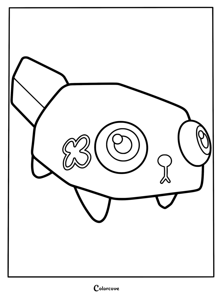A simple black and white coloring page featuring Pebble, the loyal pet rock from Dandy’s World, with his characteristic flower decal, large eyes, and stubby rock-like limbs.