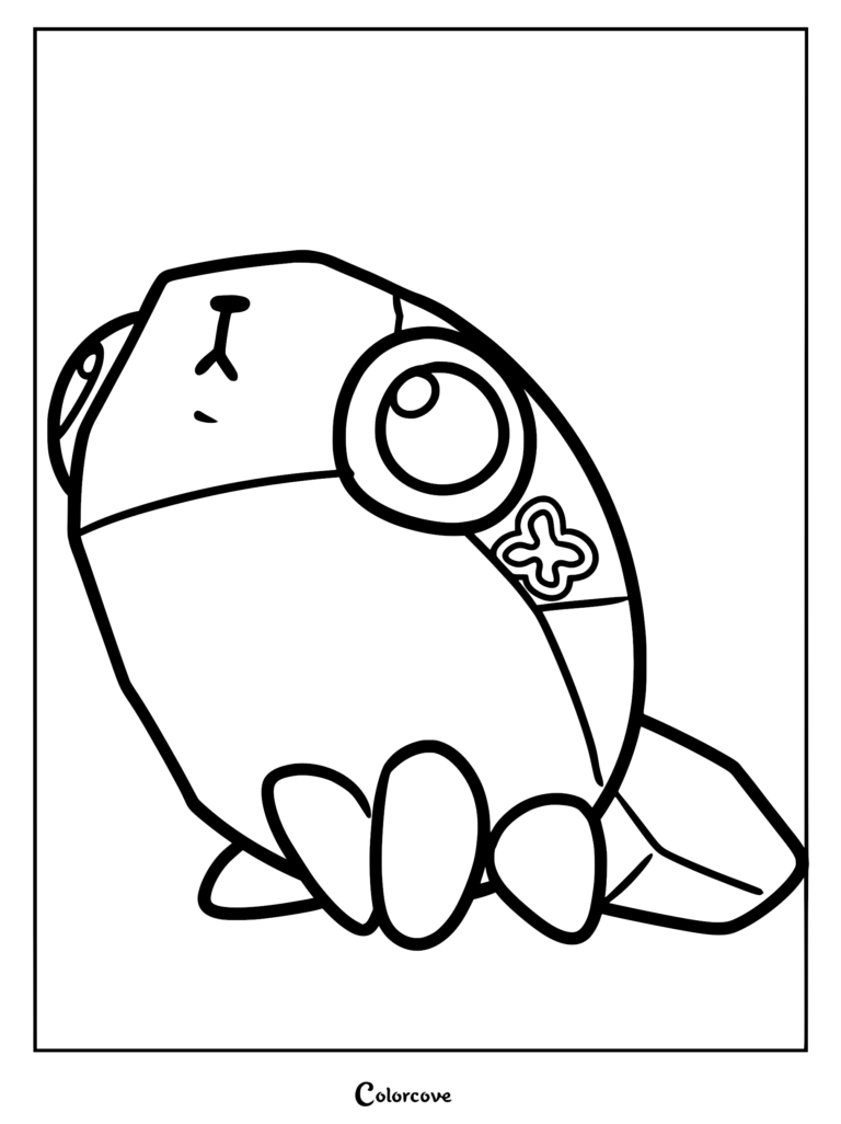 A simple black and white line art coloring page of Pebble, the loyal rock companion from Dandy’s World, featuring a rounded stone body, large expressive eyes, and a small flower icon.