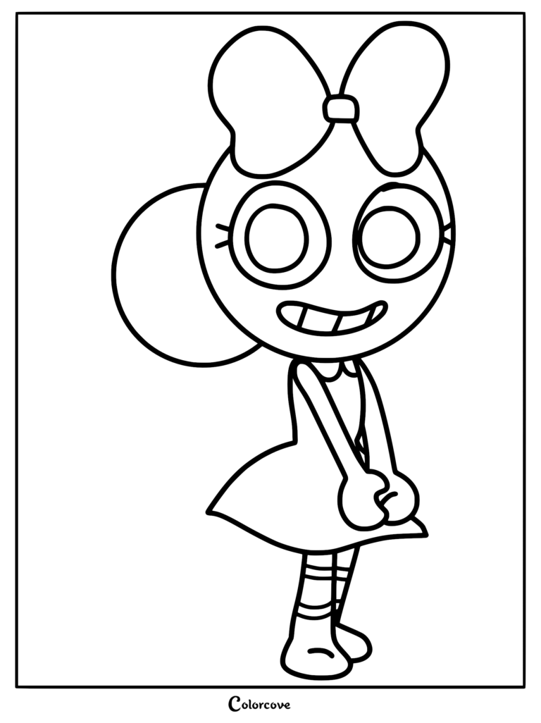 A clean black and white line art coloring page featuring Poppy from Dandy’s World, showing her signature large round head, hair bow, simple dress, and striped socks.