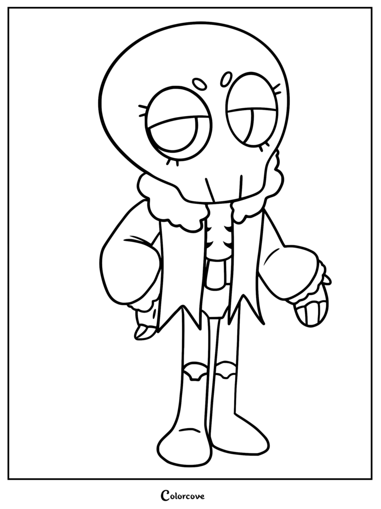 A printable coloring page of Ribecca from Dandy's World, showing the skull-headed toon wearing a fluffy-collared jacket and boots with a relaxed expression.