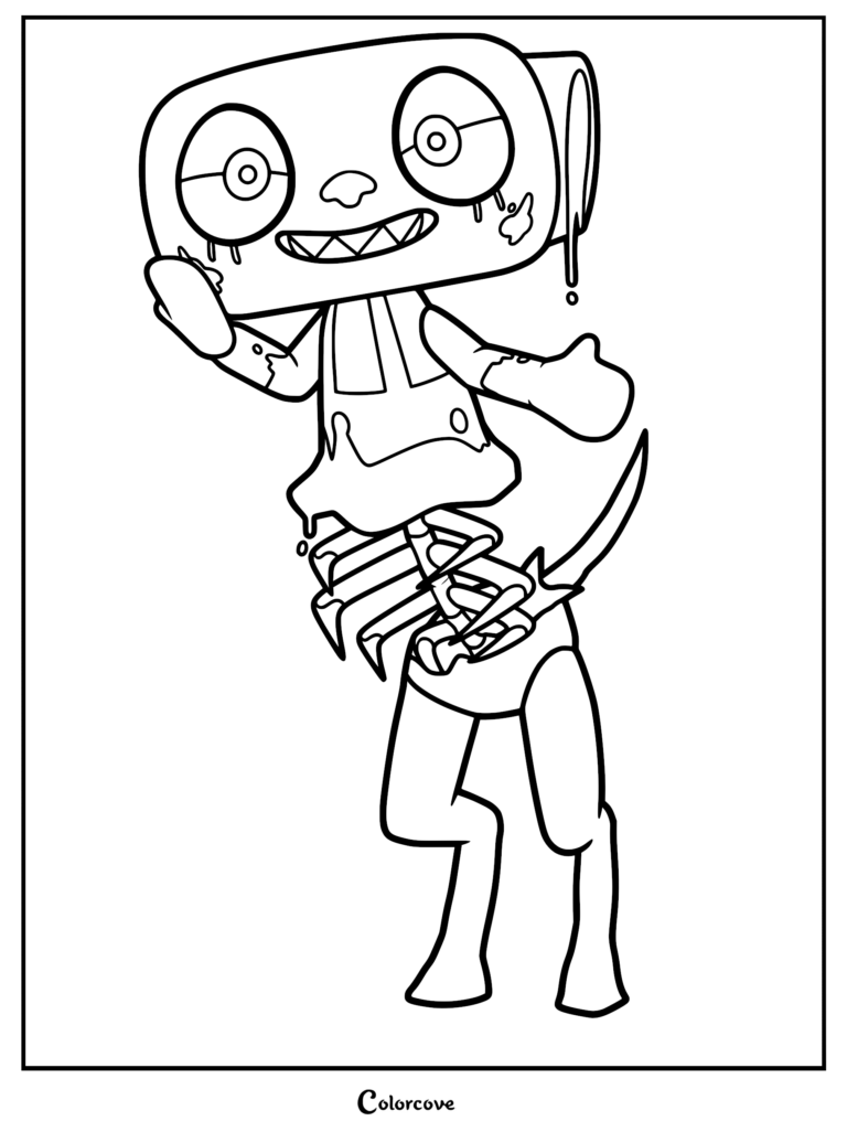 Twisted Shelly mascot from Dandy's World with an exposed ribcage and ammonite head in this horror survival game coloring page.