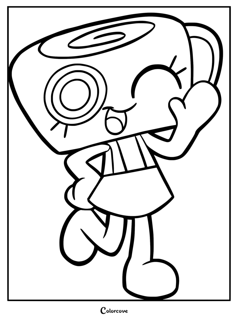 A printable coloring page of Teagan from Dandy's World, the sophisticated teacup Toon with a spiral pattern, winking, and posing in a dress.
