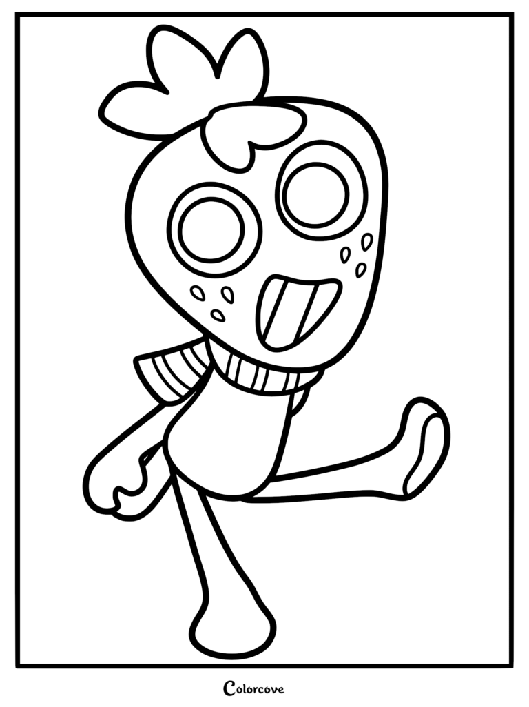 Sprout from Dandy’s World, the strawberry-headed Toon wearing a striped scarf, depicted in a playful jumping pose on a printable coloring page.
