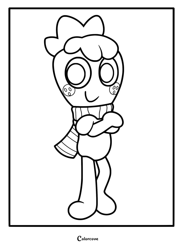 A detailed coloring page of Sprout from Dandy's World featuring his strawberry head, cozy striped scarf, and arms crossed in a friendly pose.