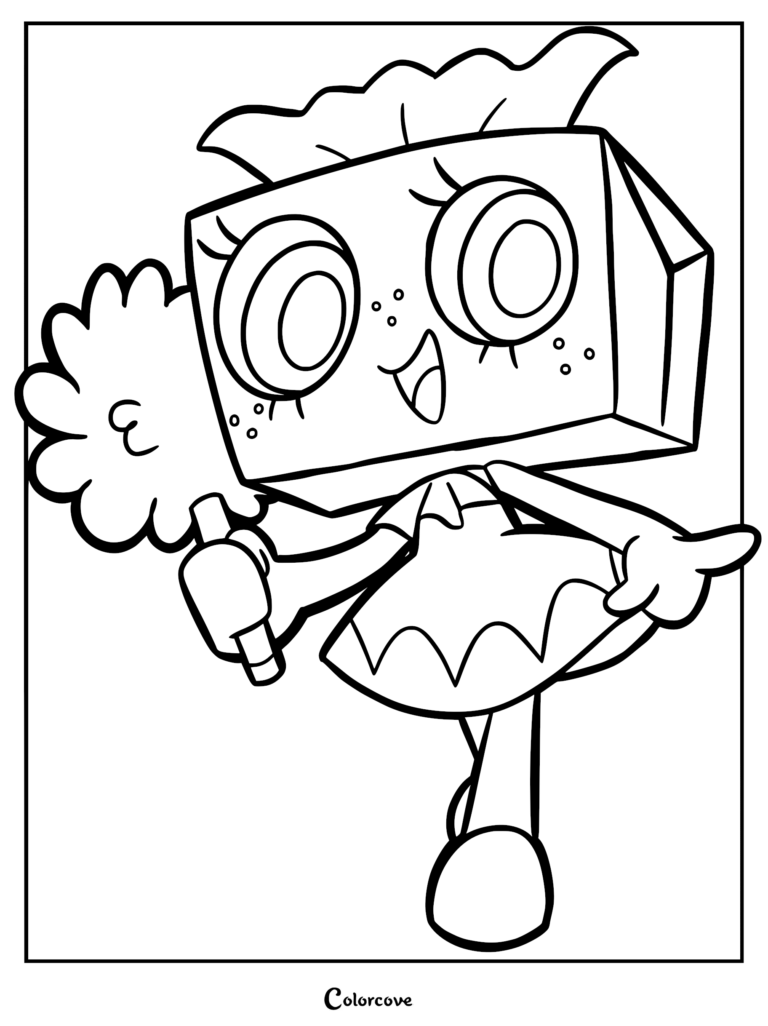 A printable coloring page featuring Tisha from Dandy’s World, showing the Toon with her signature box-shaped head, large eyes, ruffled dress, and holding a feather duster.