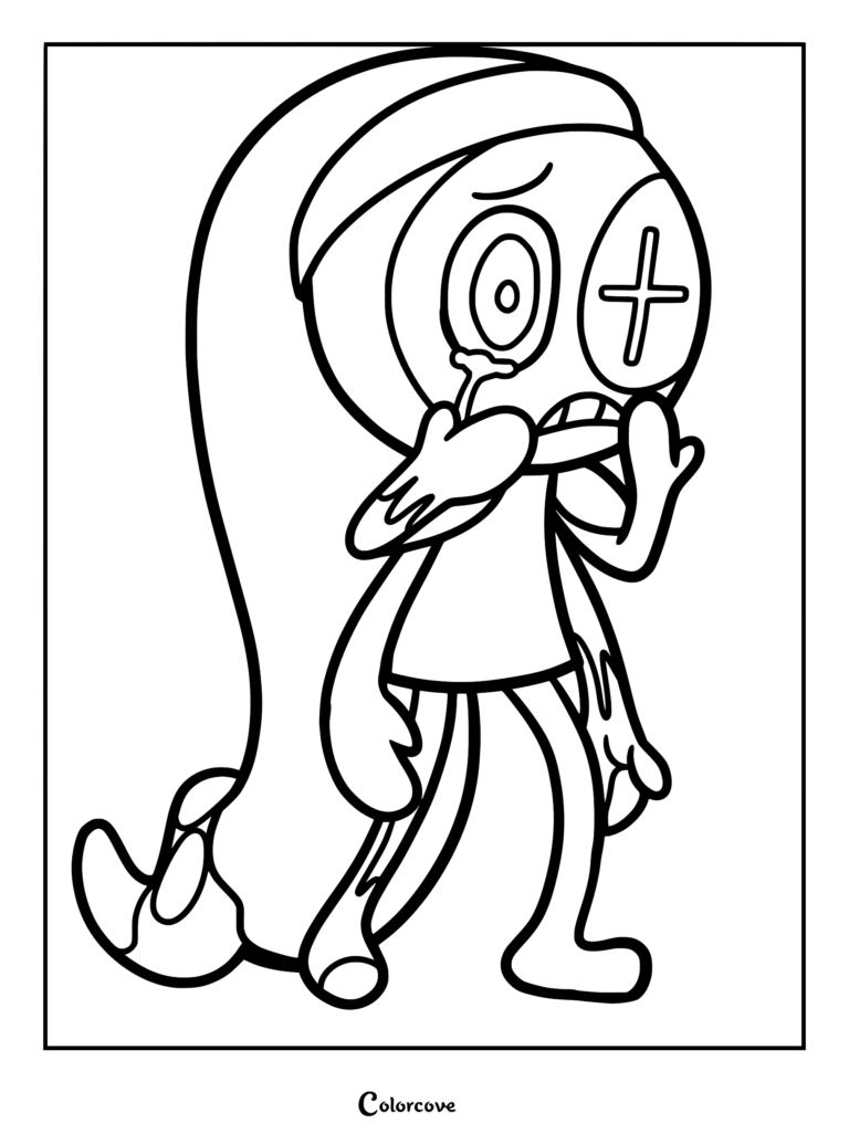A printable coloring page featuring Twisted Astro from Dandy's World with a crescent moon head, cross-shaped eye, and melting ichor dripping from his limbs.