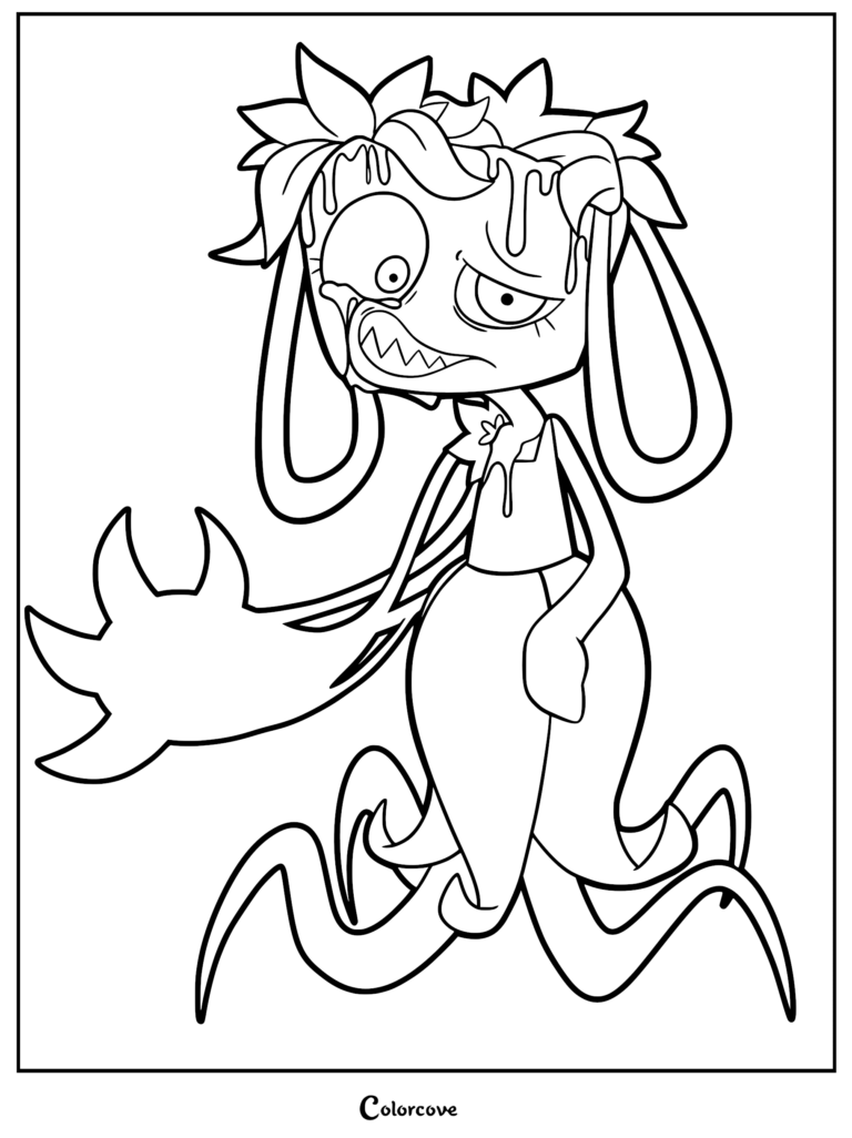 A detailed coloring page featuring Twisted Bassie from Dandy’s World, showing the corrupted character with dripping Ichor, sharp teeth, and clawed appendages.