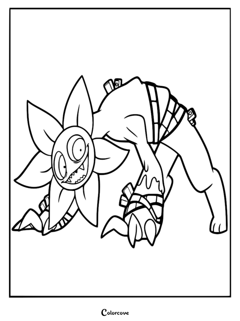 A detailed coloring page featuring the corrupted Twisted Dandy from Dandy’s World, showing his jagged petals, sharp teeth, and ichor-dripping claws in a crouched, predatory stance.