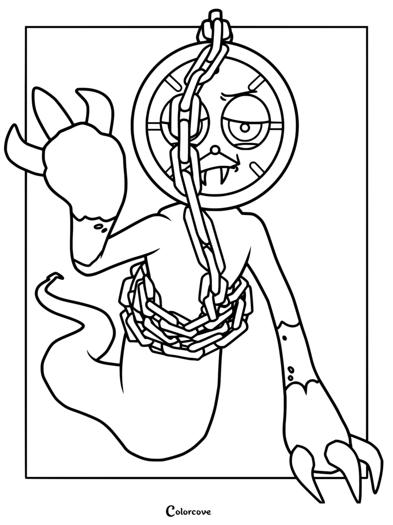 A printable coloring page featuring the Dandy’s World character Twisted Dyle, a clock-headed creature wrapped in heavy chains with sharp clawed hands.