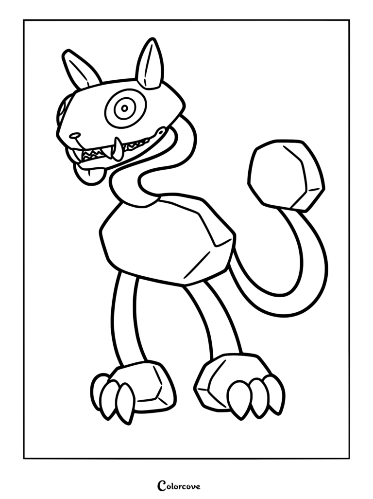 A detailed coloring page of Twisted Pebble from Dandy’s World, featuring a monstrous, feline-like rock creature with sharp teeth, long limbs, and a segmented stone tail.