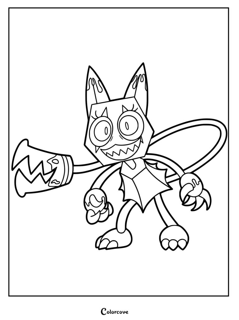 A printable coloring page featuring Twisted Scraps from Dandy’s World, showing the monstrous feline-like Toon with a jagged pincer claw and melting Ichor details on its ears and hands.