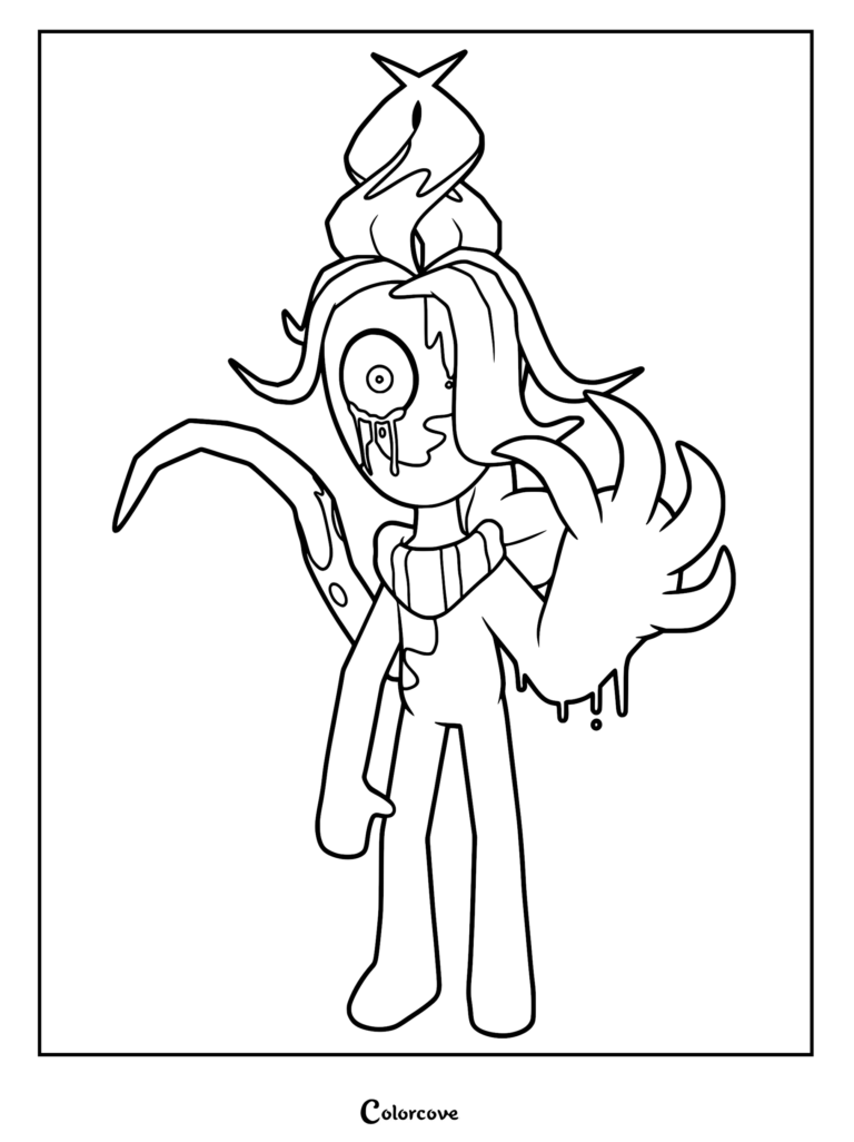 A printable coloring page featuring Twisted Sprout from Dandy’s World, showing the strawberry-headed Toon with a melting, corrupted appearance, a single large eye, and oversized clawed hand.