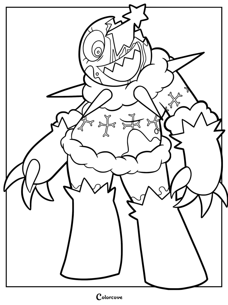 A detailed coloring page of Twisted Bobette from Dandy's World, featuring a jagged, cracked-head monster design with sharp teeth, spiked shoulders, snowflake patterns, and large clawed hands.