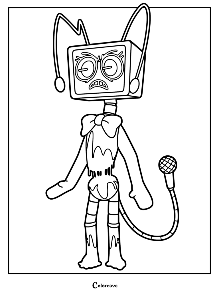 A printable coloring page featuring the Dandy’s World character Twisted Vee, a TV-headed robot dripping with Ichor, wearing a bowtie, and holding a microphone tail.