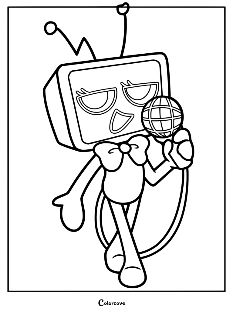A printable coloring page featuring Vee, the green TV-headed Toon from Dandy’s World, smiling while holding a microphone with an antenna sticking out of her head.