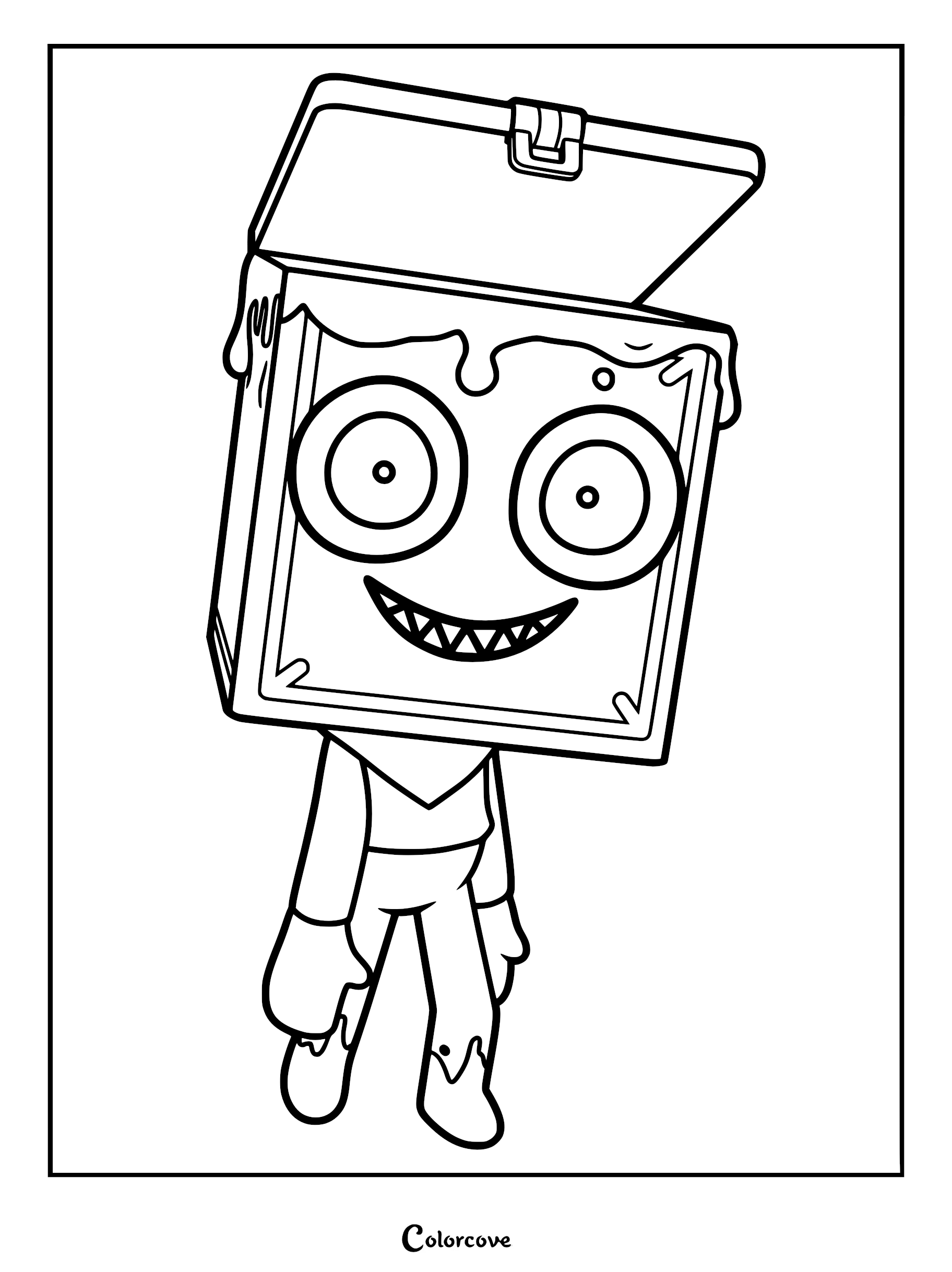 Boxten from Dandy's World in his twisted form with a wide, sharp-toothed grin and melting box head, printable coloring page.
