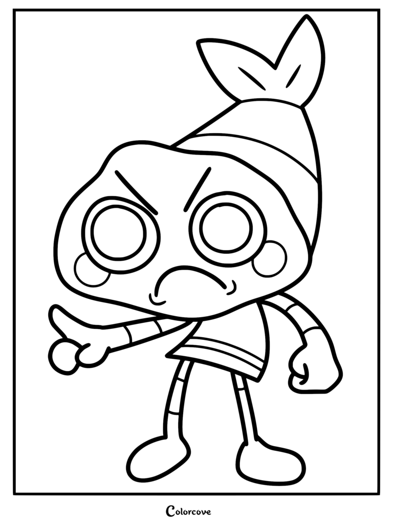Shrimpo from Dandy's World with an angry expression pointing his finger in this printable coloring page.