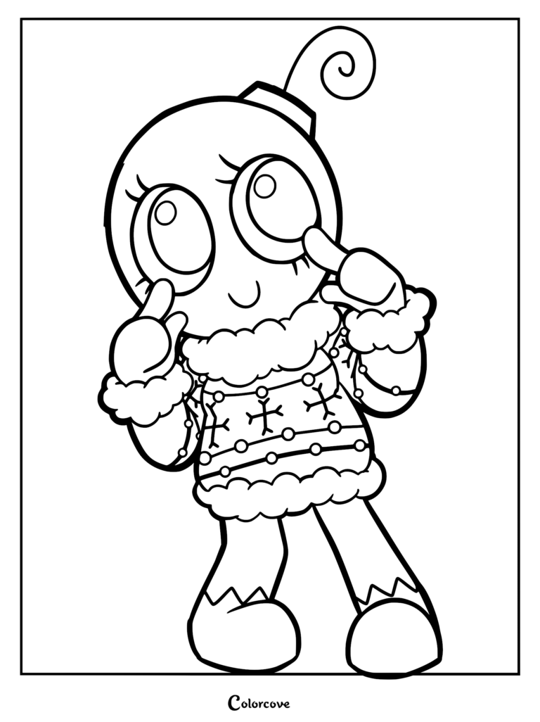 Bobette from Dandy's World wearing a winter sweater with snowflake patterns, posing with hands near her eyes in this printable coloring page.