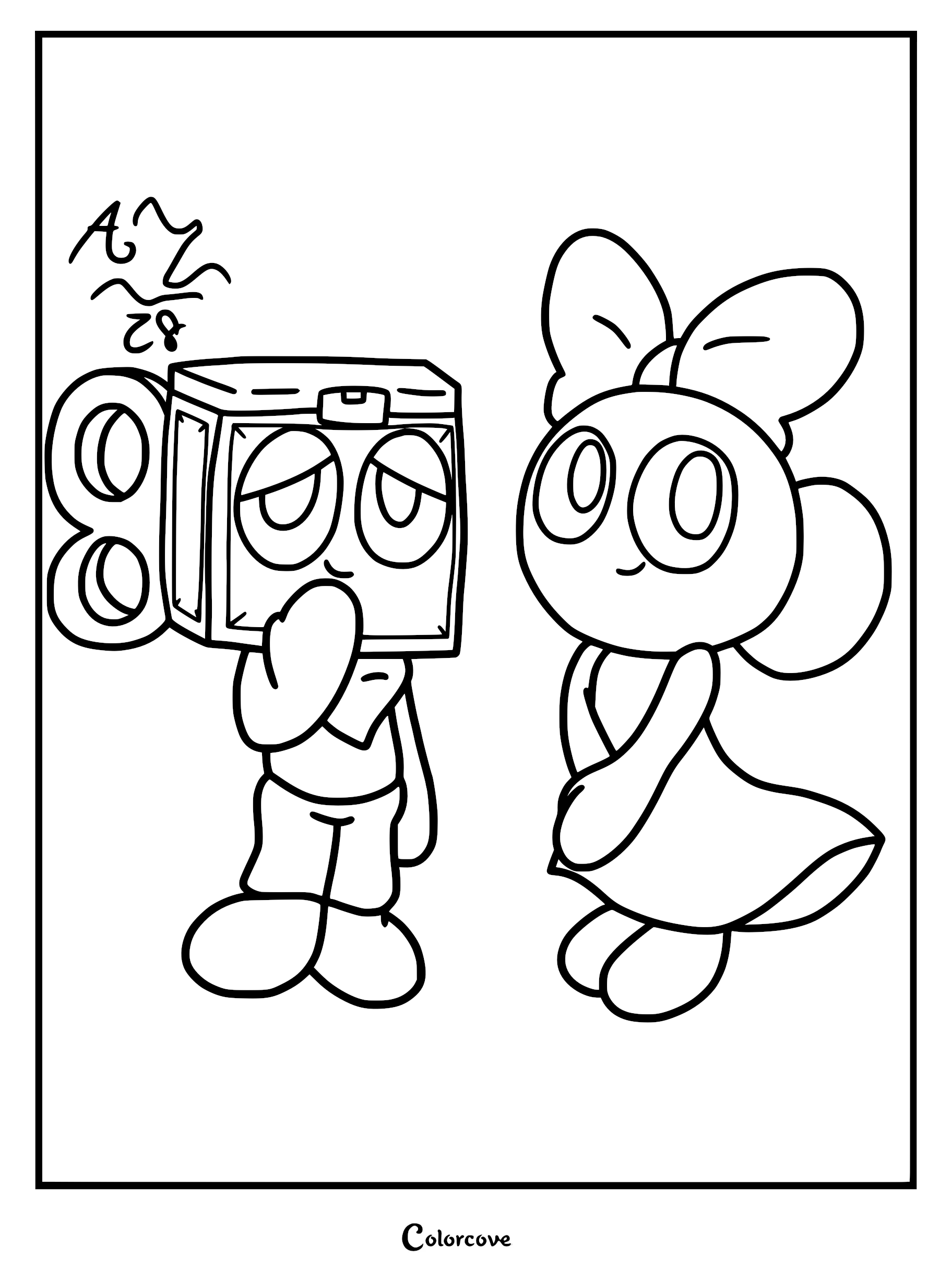 A printable coloring page featuring Poppy and Boxten from Dandy’s World standing side by side.