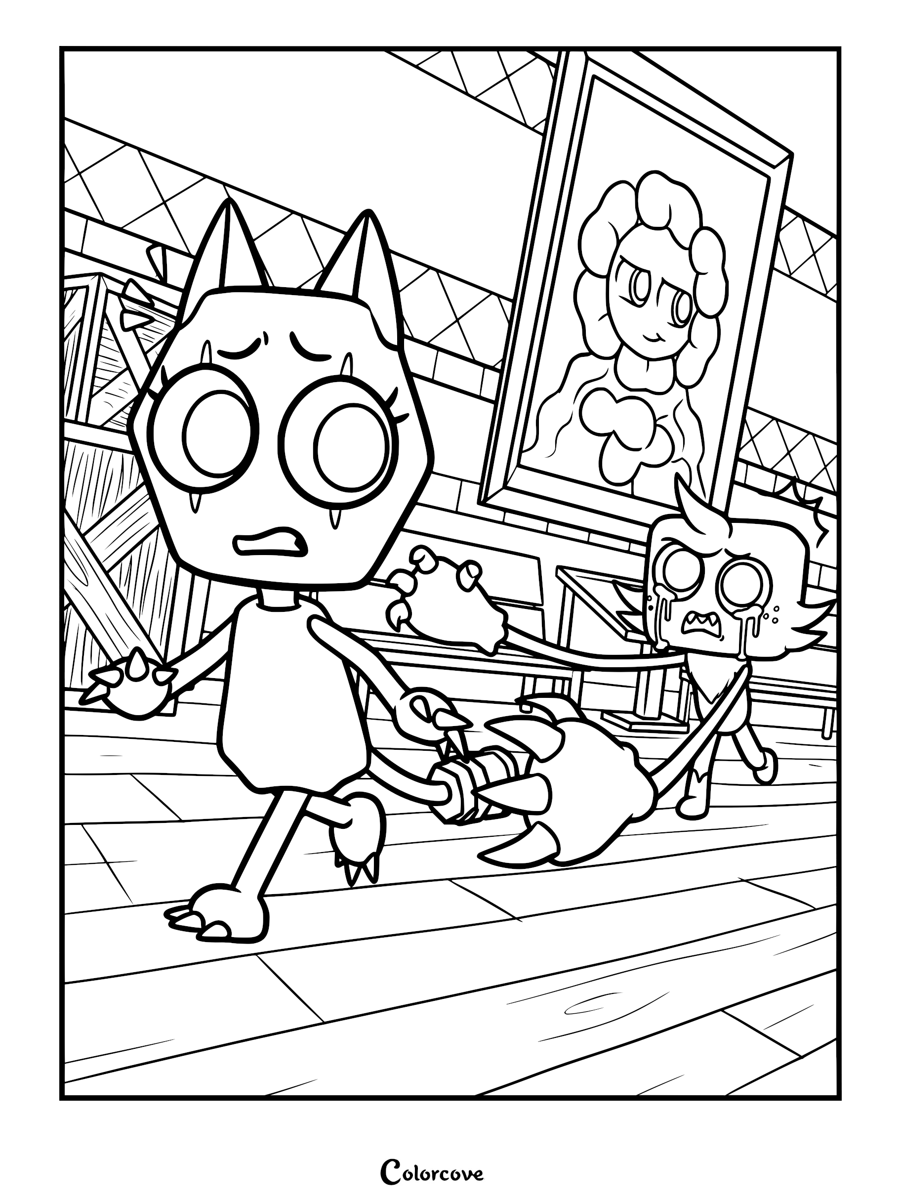 Twisted Astro chasing Scraps in a Dandy's World hallway scene coloring page.
