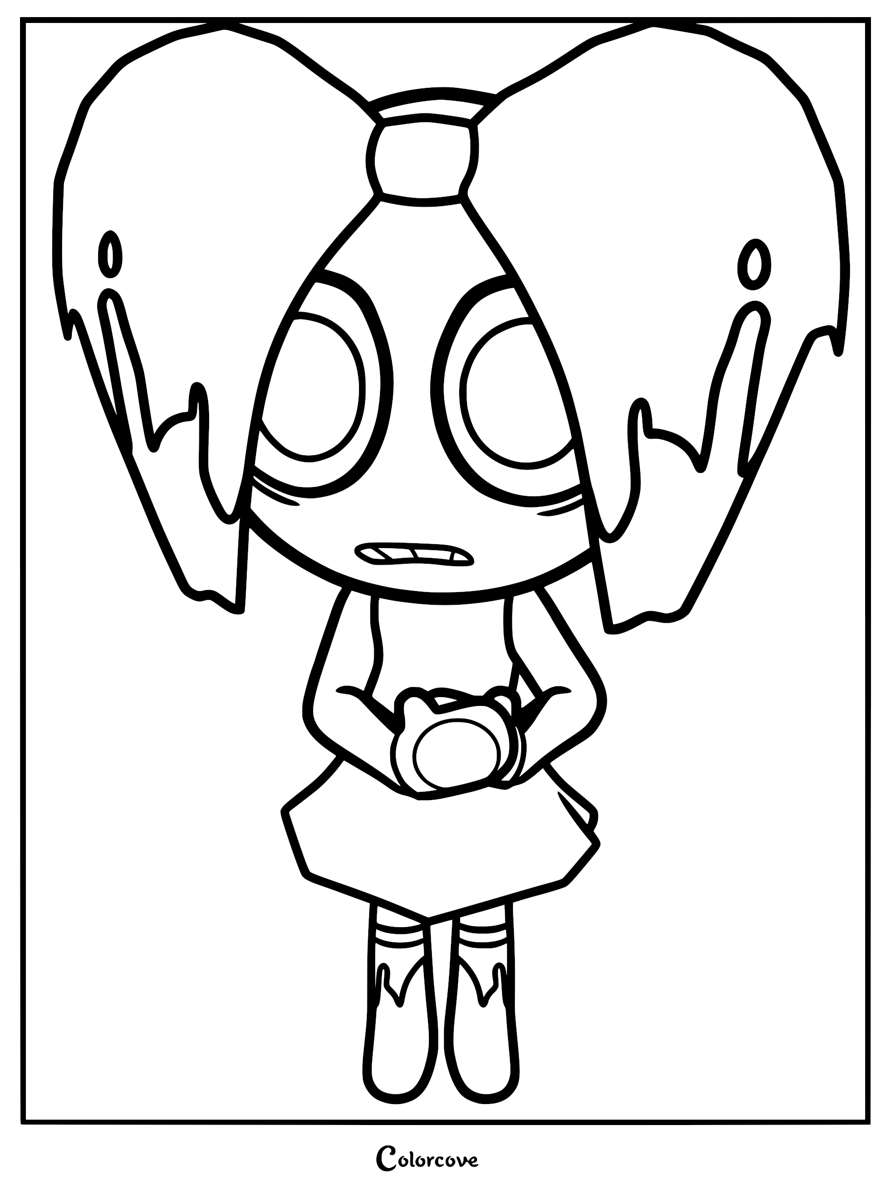 Twisted Poppy from Dandy's World with large pigtails and wide eyes in a printable coloring page format.