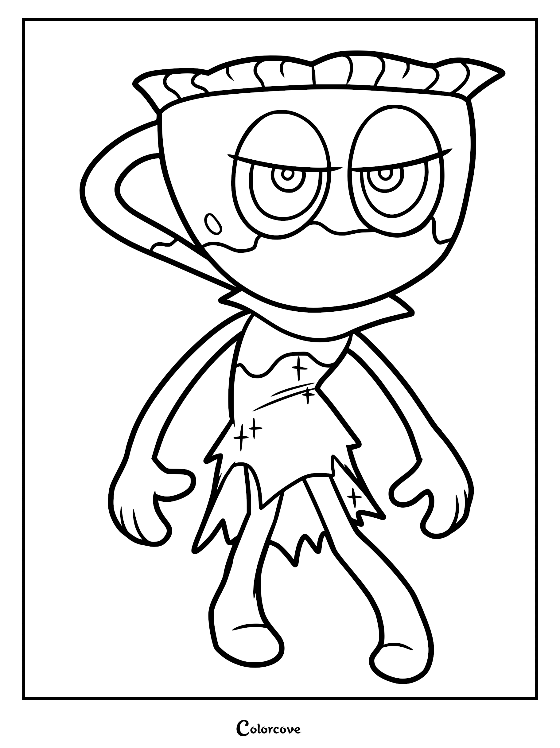 Twisted Teagan from Dandy's World with a cup-shaped head and tattered dress in a printable coloring page format.