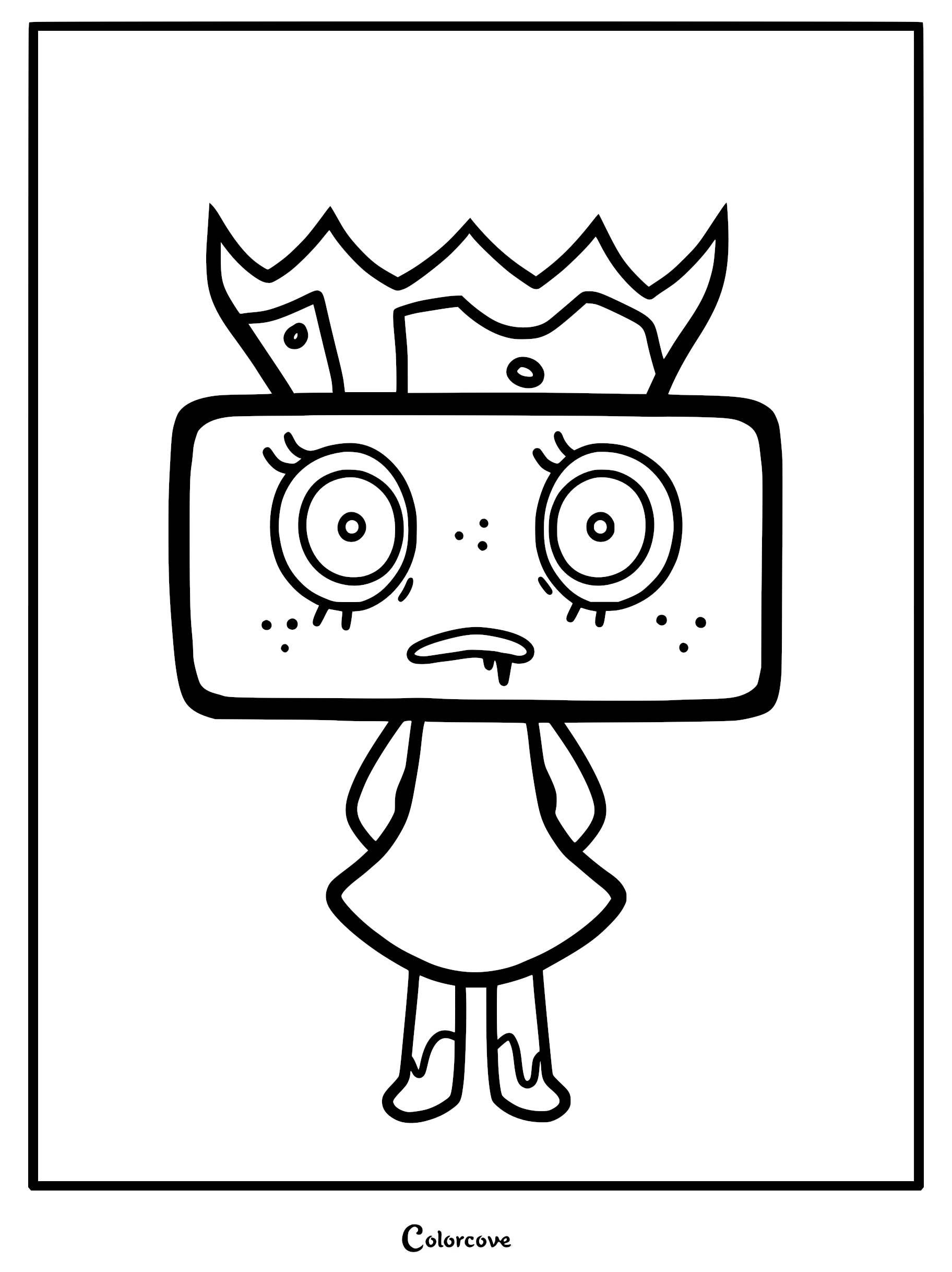 Twisted Tisha from Dandy's World wearing a crown, printable coloring page with bold outlines.