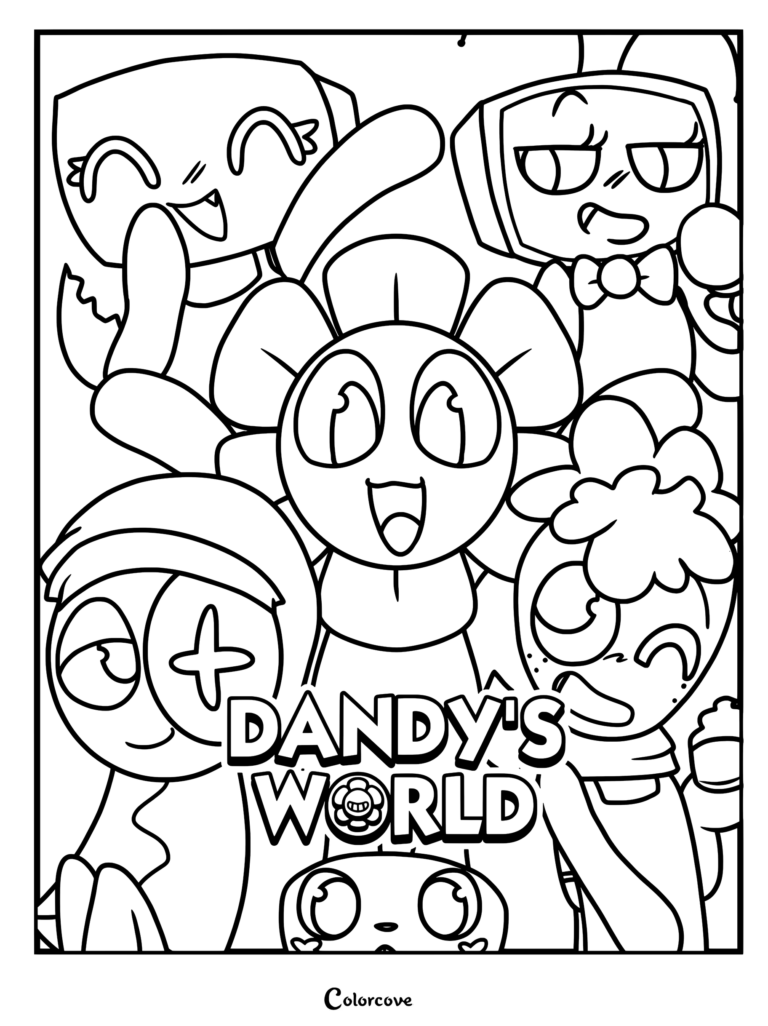 Dandy's World coloring page featuring Dandy, Rodger, Teagan, Poppy, and Goob together in a group portrait.