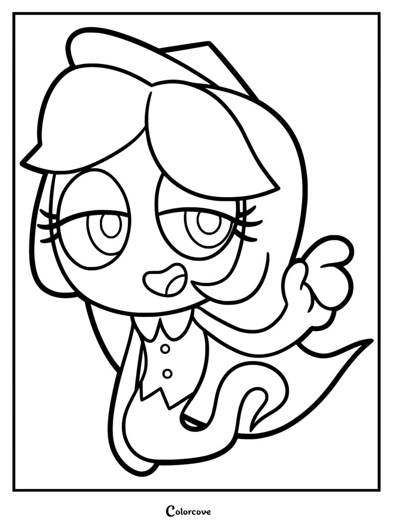 A black and white coloring page of Connie, the ghost Toon from Dandy’s World, featuring her long hair, collared vest, and mischievous expression.