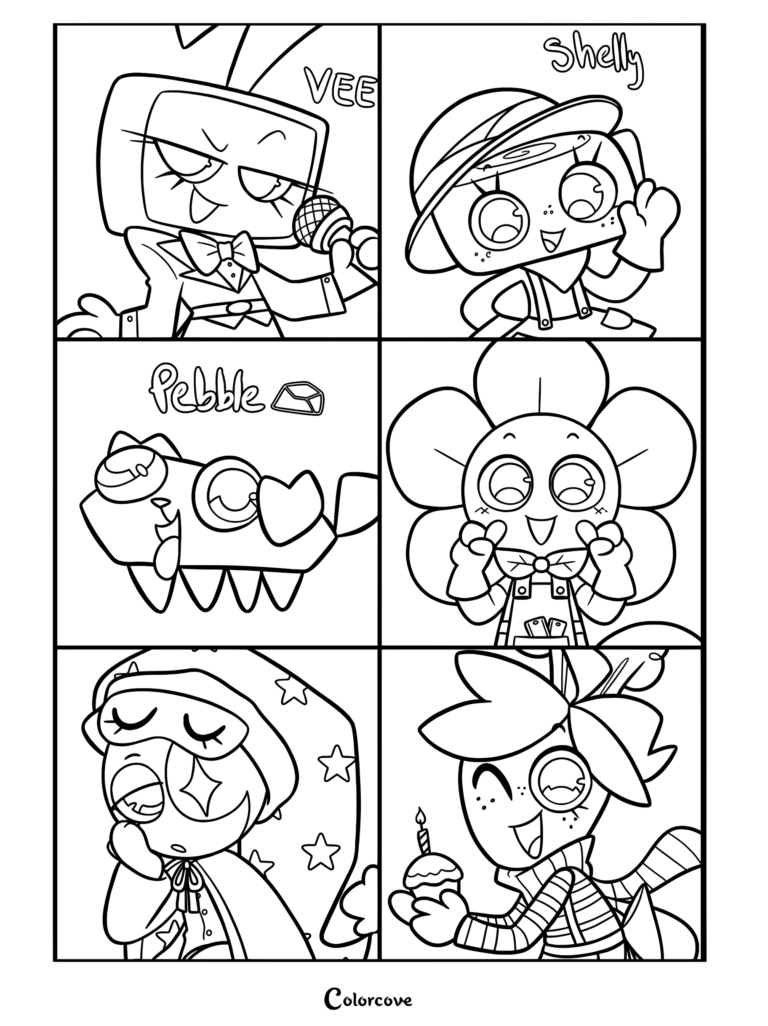 Six Dandy’s World characters featured in a grid line art.