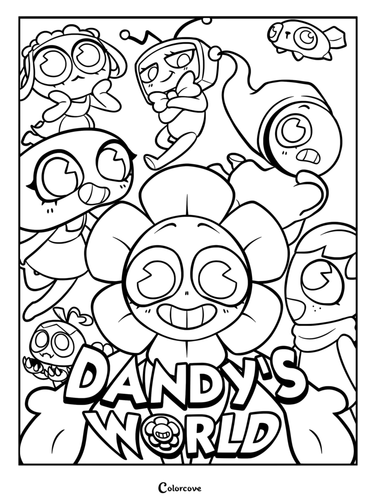 Dandy and friends gathered together in a group scene.
