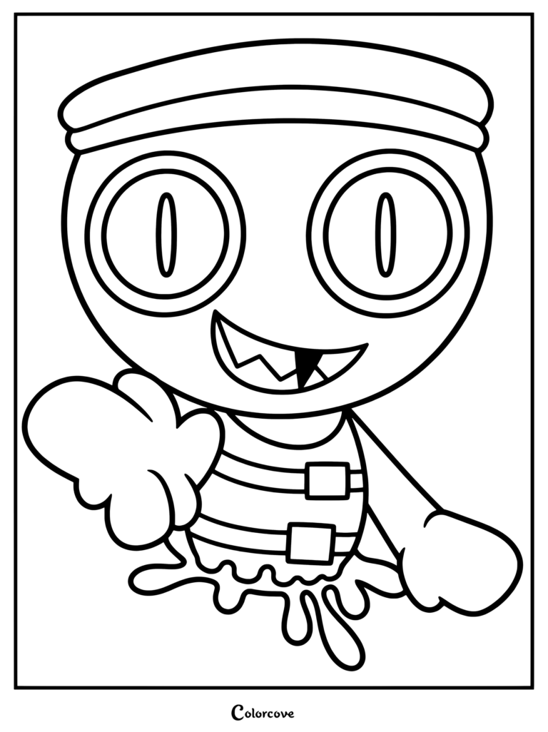 Twisted Finn from Dandy’s World coloring page featuring a cartoon character with large eyes, a striped top, and a melted bottom.