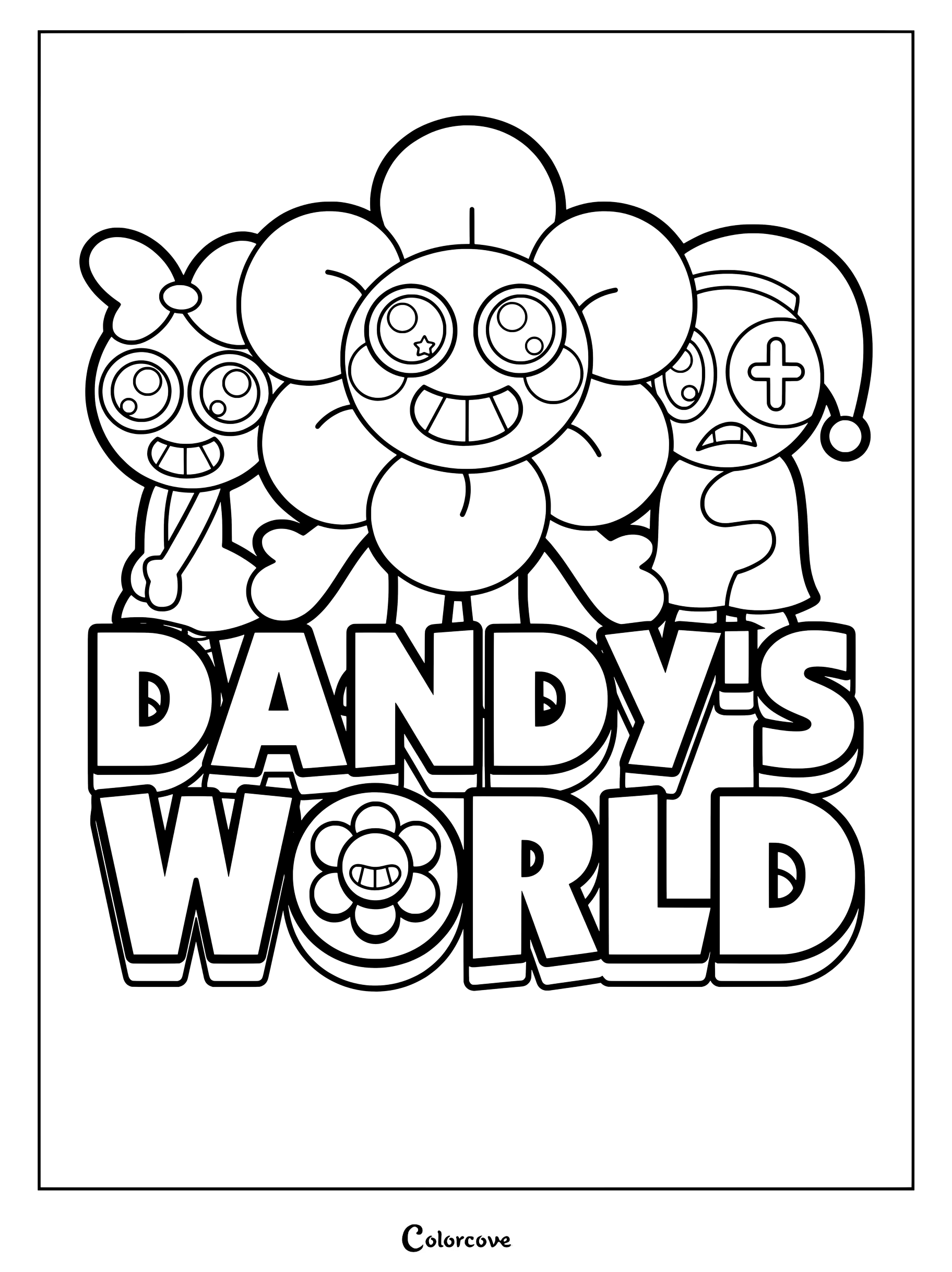 Dandy's World coloring page featuring the logo and characters Dandy, Poppy, and Astro.