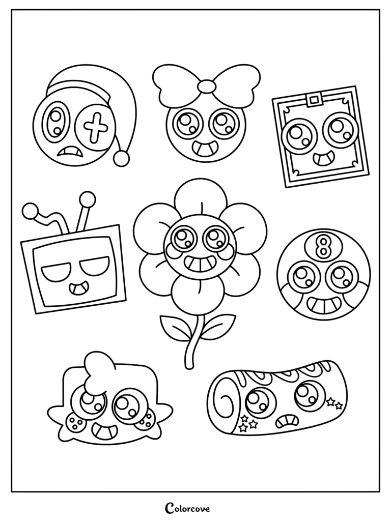 A set of sticker designs featuring characters from the Roblox horror game Dandy's World coloring page.
