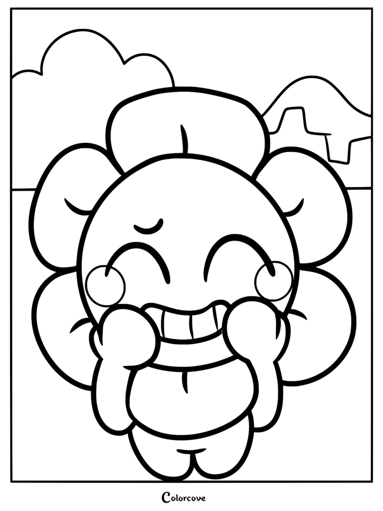 Dandy the flower mascot from Dandy's World with a joyful expression, hands pressed to his cheeks, in this printable coloring page featuring a simple outdoor background.