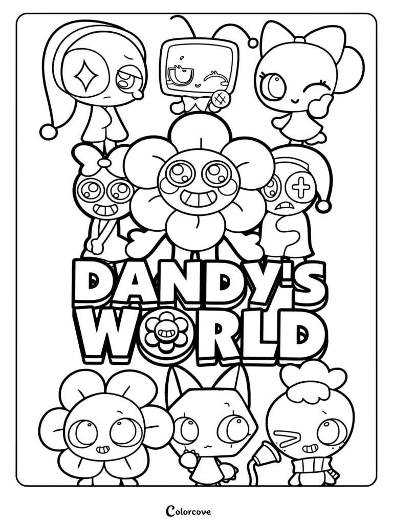 Colorful cartoon characters gather around the title logo from Dandy's World.