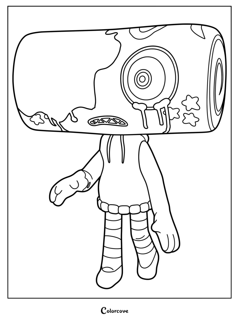 Twisted Cosmo coloring page from Dandy’s World featuring a tall cylindrical head with large eye and star details.