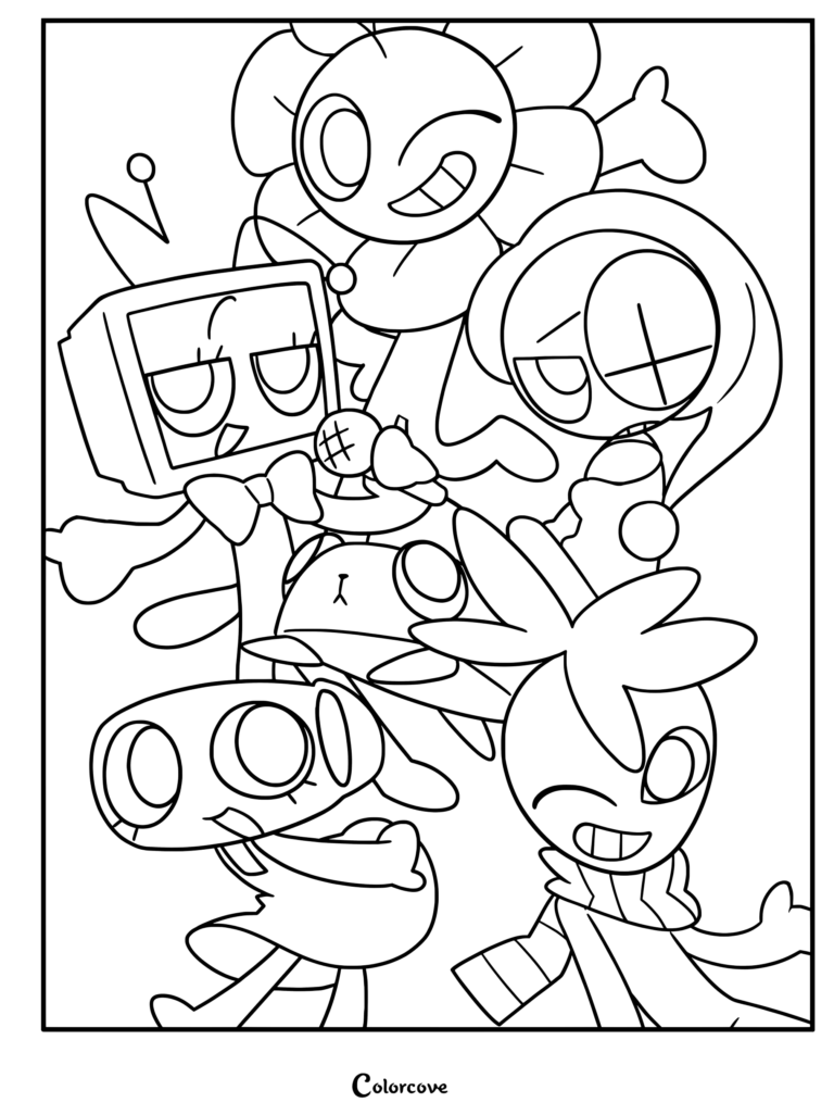 Vee, Dandy, Shrimpo, Astro, Toots, and Brightney gather together happily.