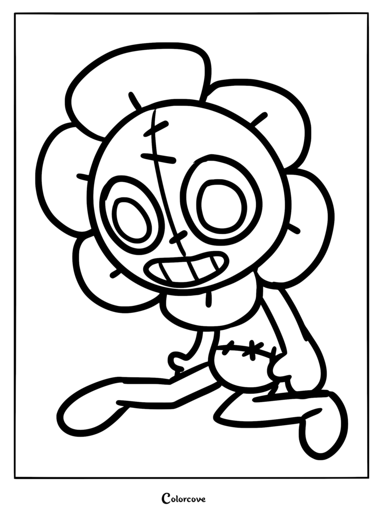 A line art coloring page of Dandy, the flower mascot from Dandy’s World, featuring his signature stitched head, large petal-like ears, and iconic wide-eyed grin.