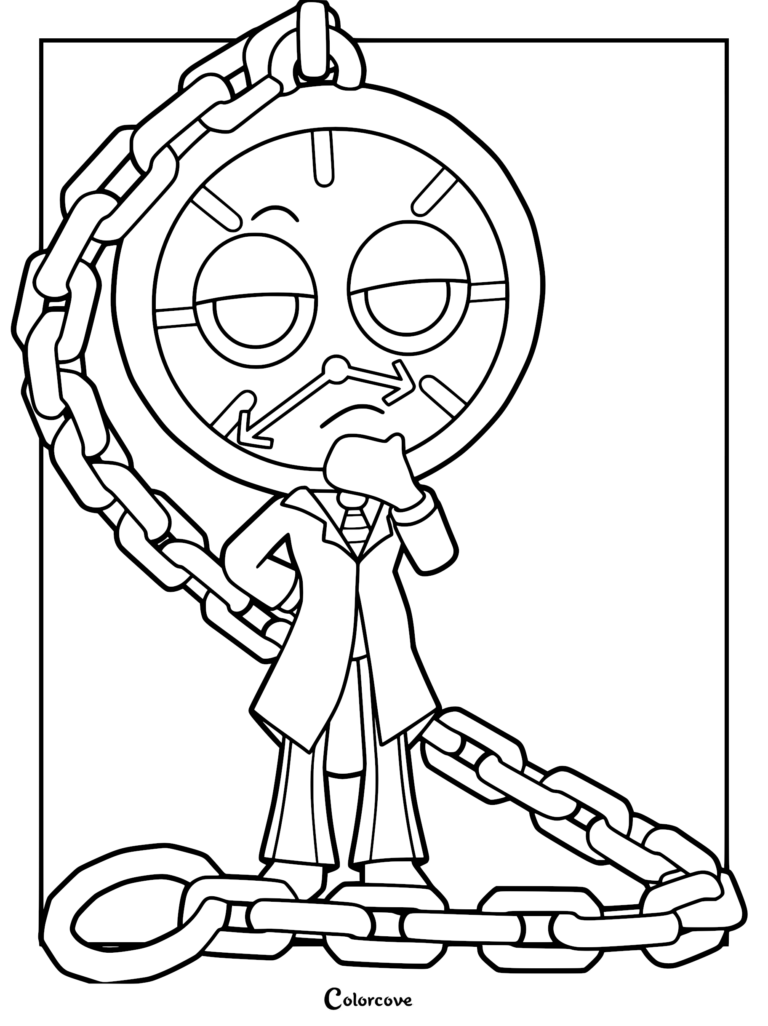 A printable coloring page of Dyle from Dandy’s World, featuring the clock-headed Toon wearing a suit and resting his hand on his chin, surrounded by heavy chains.